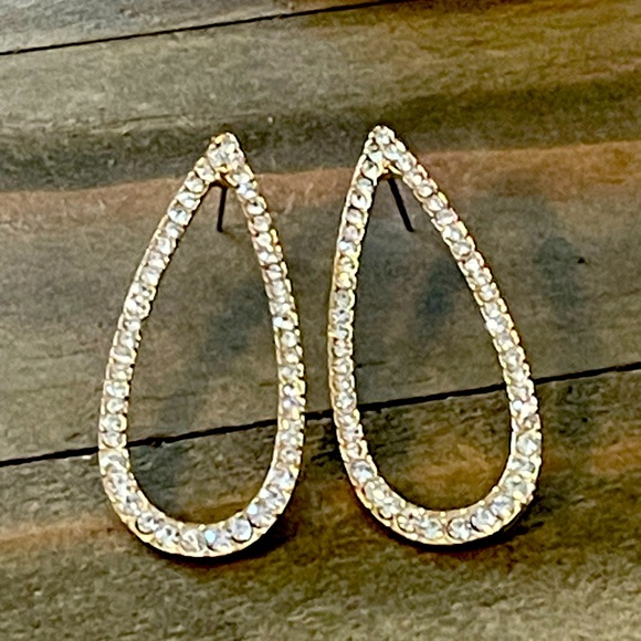 New Crystal Rhinestone Pave Open Teardrop Gold-tone 1.5 inch Glam Earrings - Picture 2 of 5